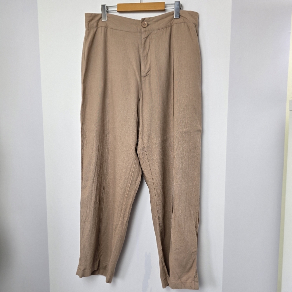 And Now This Tan Wide Straight-Leg, Flat Front Linen Blend Pants, Sz 14W